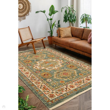 Nomad Vintage Traditional Persian Geometric Medallion Floral Border Low-Profile Wool Blend Loop Pile Green/Multicolour Rug-Melrose-Rug Love - The Most Loved Rug Store